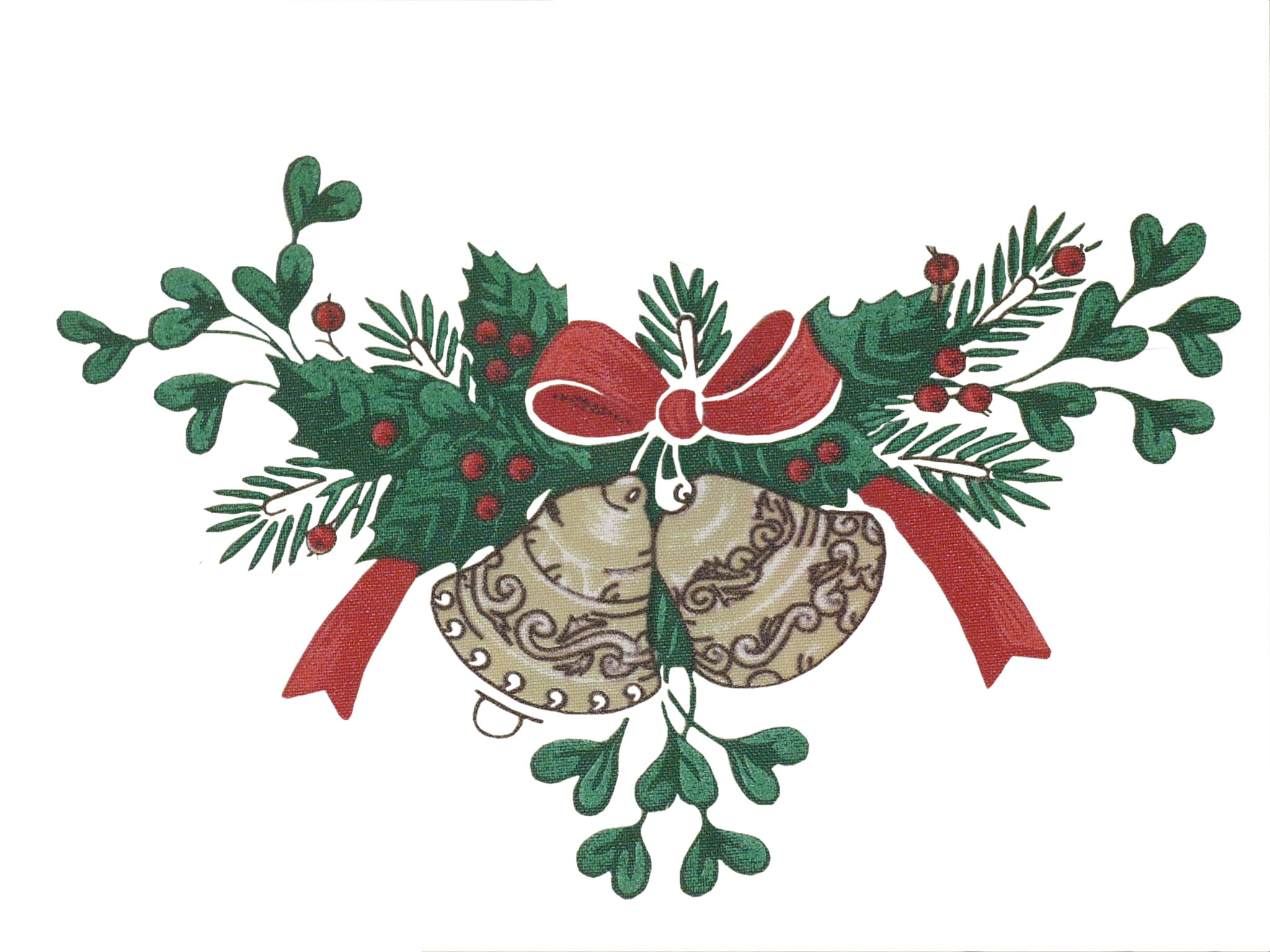 Колокольчики, связанные одним бантом, зеленая листва и красные ягоды. 